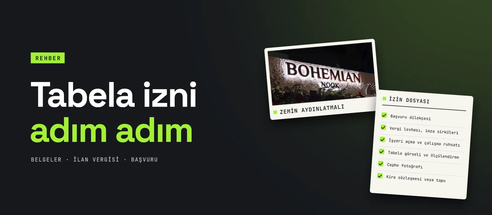 Zemin aydınlatmalı tabela fotoğrafı ve izin dosyası kontrol listesiyle tabela izni kapağı