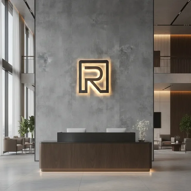 Resepsiyon arkasında beton duvar üzerinde arkadan aydınlatmalı logo