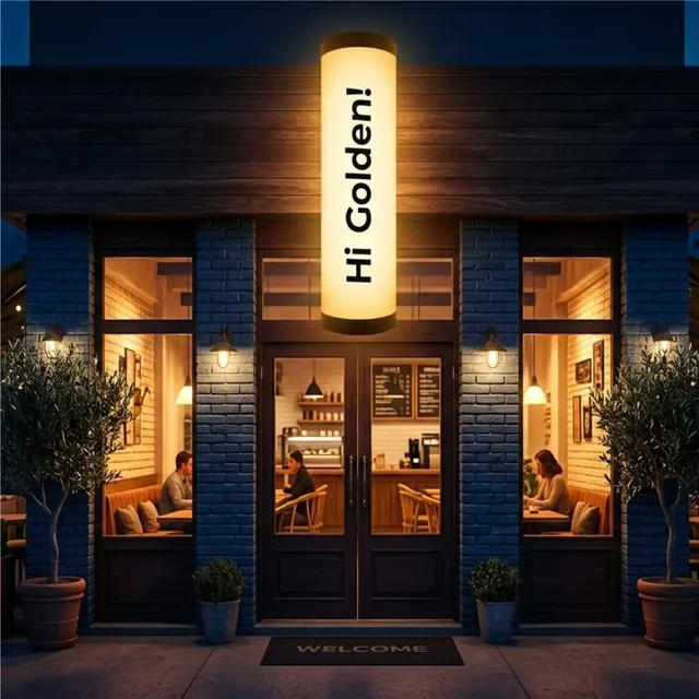 Kafe girişinde silindir formlu ışıklı pleksi tabela